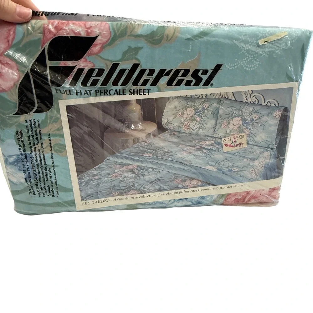 New Fieldcrest Flat Sheet Full Sky Garden Blue Floral Percale Cotton Blend‎ Vtg